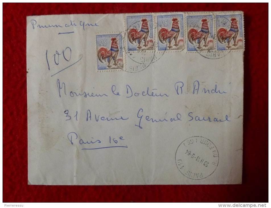 PNEUMATIQUE COQ DECARIS CACHET PARIS RUE DU FOUR 1964 - 1961-....