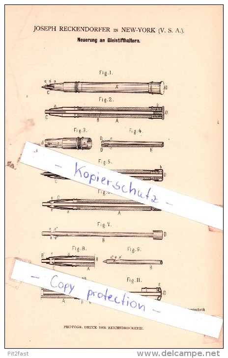 Original Patent - Bleistifthalter , Bleistifte , 1880 , Joseph Reckendorfer In New-York , V. S. A. , Bleistift  !!! - Schreibgerät