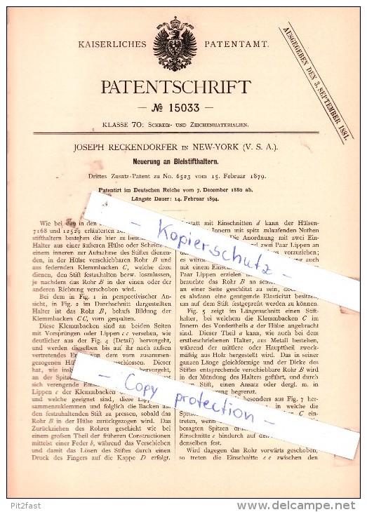 Original Patent - Bleistifthalter , Bleistifte , 1880 , Joseph Reckendorfer In New-York , V. S. A. , Bleistift  !!! - Pens