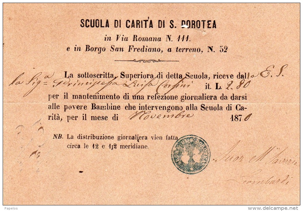 1870 SCUOLA DI CARITA DI S. DOROTEA - MANTENIMENTO DI UNA REFEZIONE GIORNALIERA DA DARSI ALLE POVERE BAMBINE - Documents Historiques