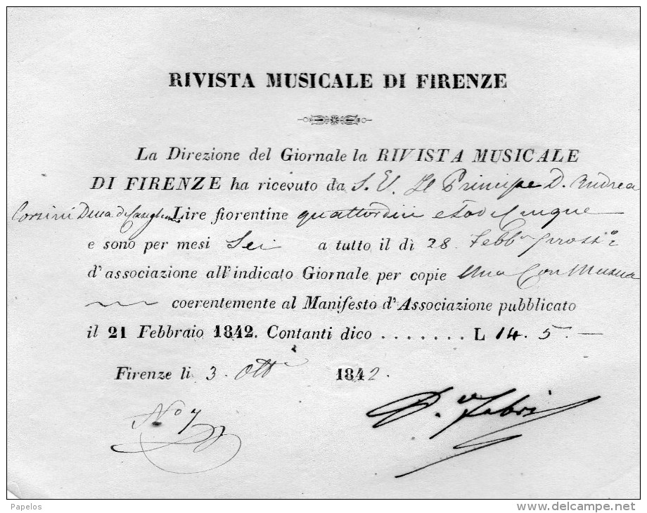 1842 RIVISTA MUSICALE DI FIRENZE - Documenti Storici