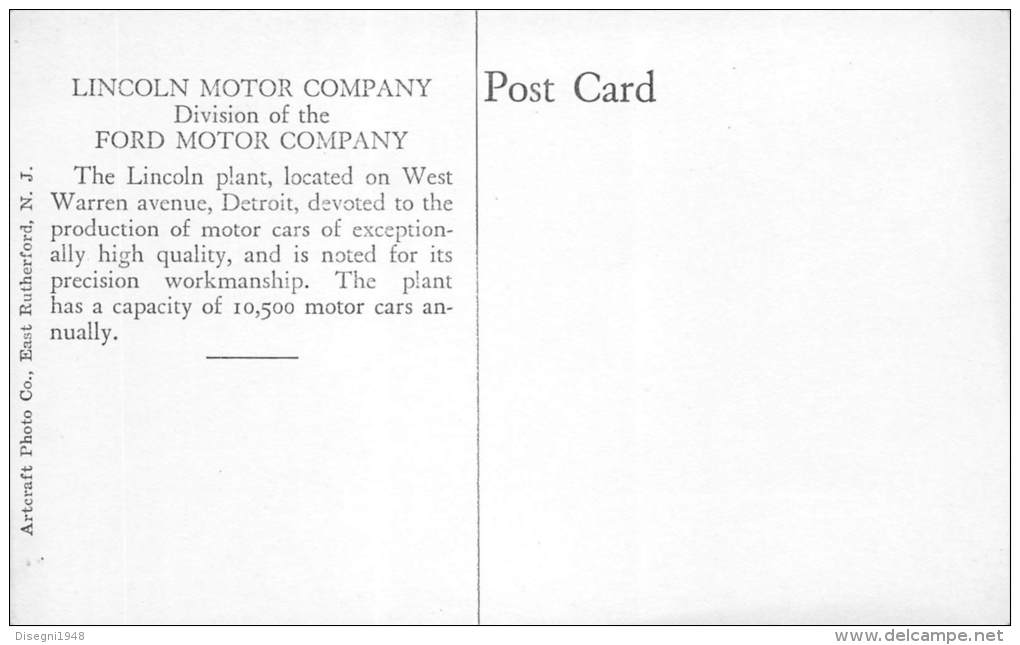 03670 "LINCOLN MOTOR COMPANY  / DIVISION OF FORD MOTOR COMPANY-  DETROIT - MICHIGAN "  ORIGINAL POST CARD.  NOT SHIPPED. - Detroit