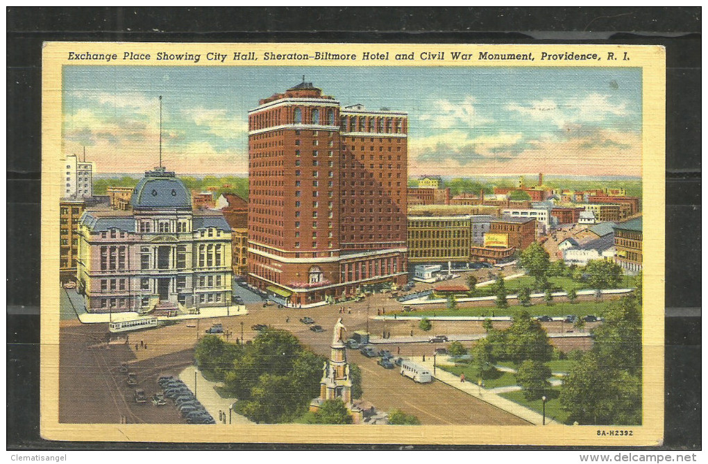 420b * PROVIDENCE * EXCHANGE PLACE SHOWING CITY HALL,, SHERATON-BILTMORE HOTEL AND CIVIL WAR MONUMENT * 1952 **!! - Providence