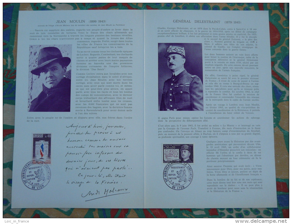 Encart FDC Folder Libération Jean Moulin General Delestraint Lyon Saint Flour 1974 - WW2