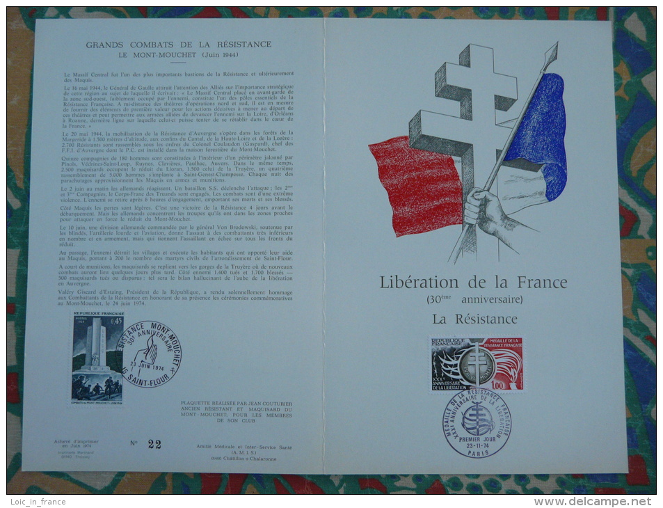 Encart FDC Folder Libération Jean Moulin General Delestraint Lyon Saint Flour 1974 - WW2