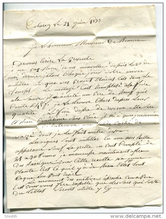 Cursive 32/Le Carbon-Blanc + Cachet T13 Bordeaux/lettre  En Port Dû De Ambarès Gironde Pour Cocumon Par Marmande - 1801-1848: Précurseurs XIX