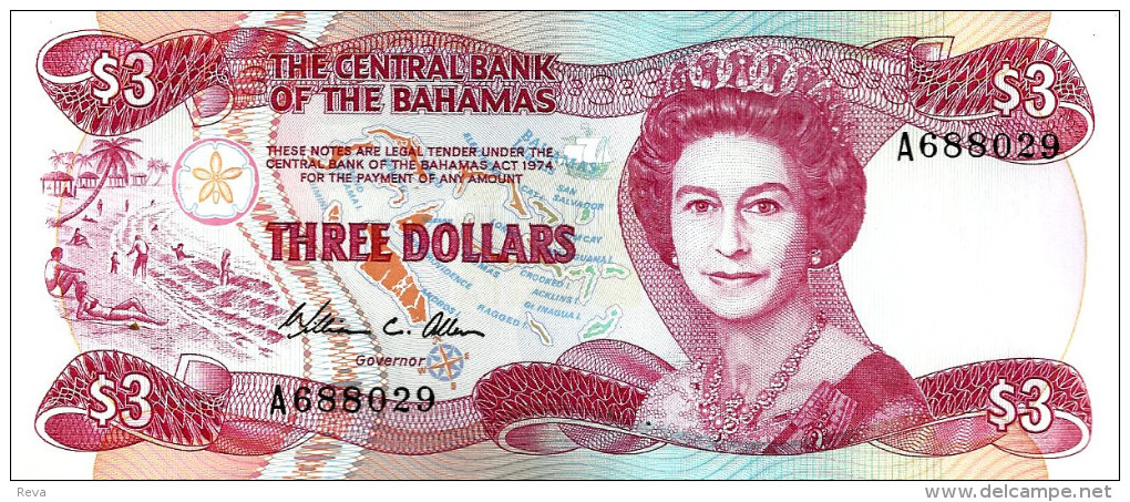BAHAMAS ISLANDS $3 WOMAN QEII HEAD FRONT BOAT BACK LAW1974(ISSUED1984) UNC P.44 READ DESCRIPTION !! - Bahamas