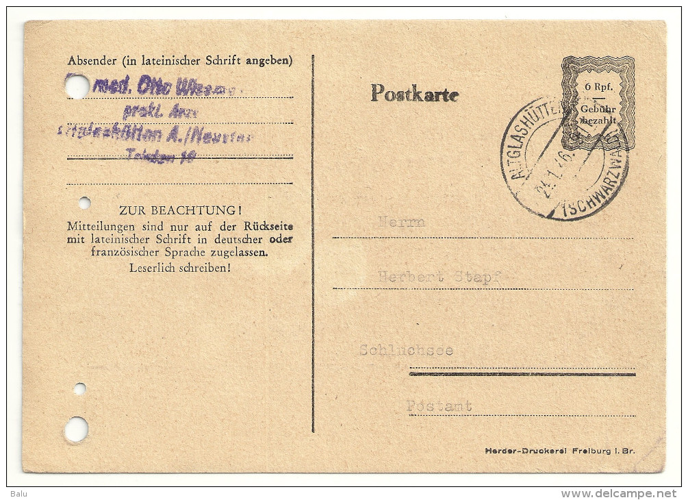 Französische Zone Postkarte Ganzsache GS P 836 I P836 Gestempelt Altglashütten Nach Schluchsee 21.1.46 (4 Löcher!) - Sonstige & Ohne Zuordnung