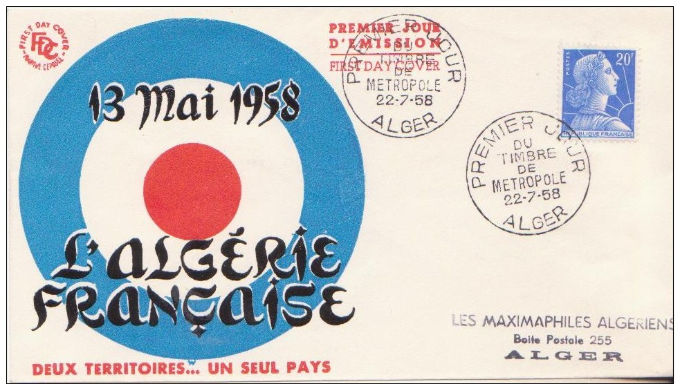 *** 20 Fr Marianne De MULLER Mise En Service Des Timbres De Métropole En ALGERIE *** Yvrt N°FDC Obli ALGER 22-07-1958 - 1950-1959