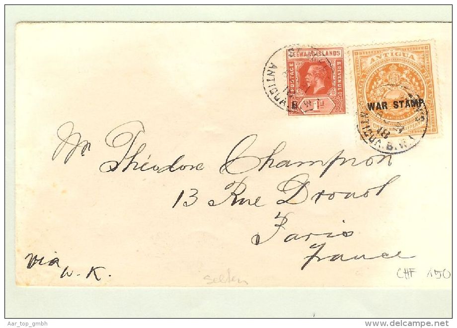 Antigua 1918-08-21 Brief Mit Warstamp Nach Paris - 1858-1960 Colonie Britannique