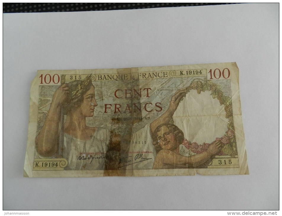 Billet  100  Francs  Du 20-   ?- 1941  Numéros  K 19194 - 100 F 1939-1942 ''Sully''