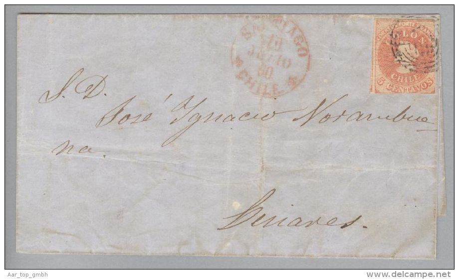Chile 1860-07-10 Santiago Briefhülle Nach Vuiares Mit 5 Centavos Geschnitten - Chili
