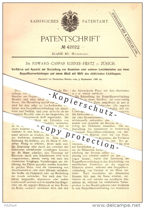 Original Patent - Dr. Edward Caspar Kleiner-Fiertz In Zürich , 1886 , Herstellung Von Aluminium U. Anderem Leichtmetall - Documents Historiques