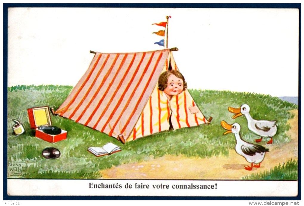 Lot De 3 Cartes Humoristiques, Dessinateur John Wills. Enfant Jardinier, Garçonnets à La Pêche, Fillette En Camping. - Autres & Non Classés