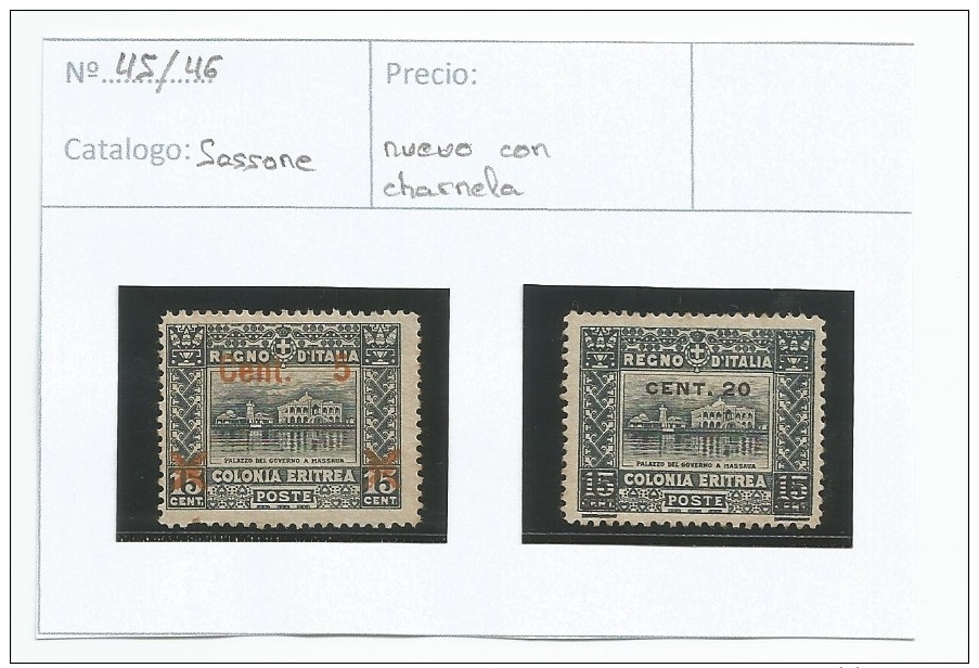 1916 ERITREA - ITALIA, SOBRECARGA DE ASMARA Y TORINO - Eritrea