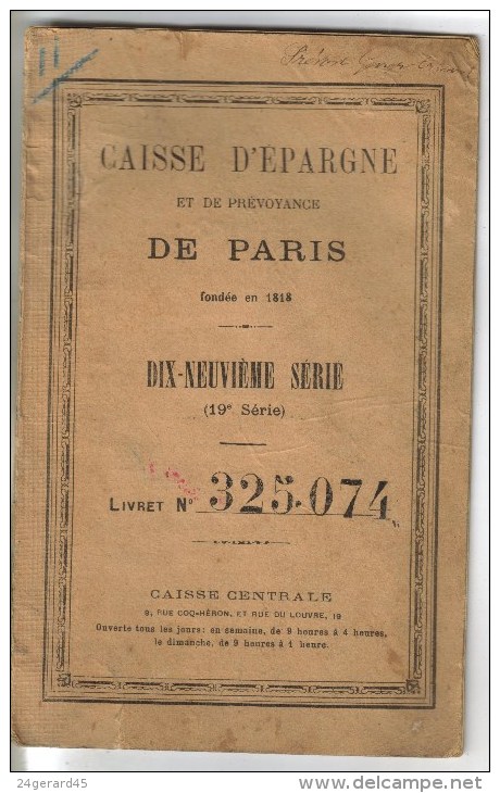 LIVRET 12 PAGES N°325074 "CAISSE D'EPARGNE ET DE PREVOYANCE DE PARIS" GESTION ANNEE 1919 - Management