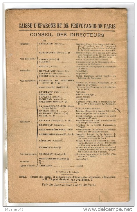 LIVRET 12 PAGES N°325074 "CAISSE D'EPARGNE ET DE PREVOYANCE DE PARIS" GESTION ANNEE 1919 - Management