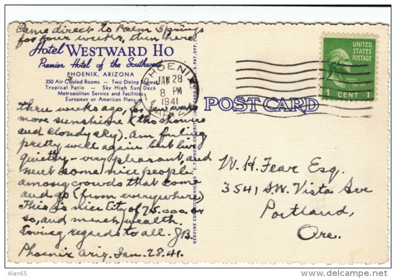 Phoenix Arizona, Hotel Westward Ho, C1930s Vintage Curteich Linen Postcard - Phönix