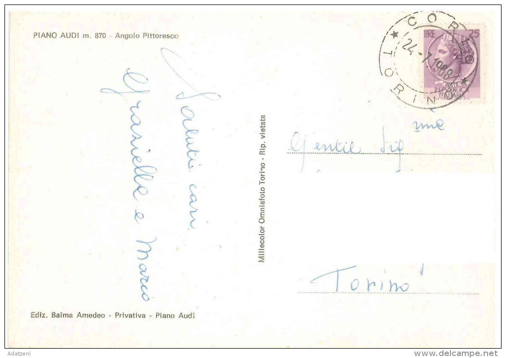 # CARTOLINA PIEMONTE PIANO AUDI ANGOLO PITTORESCO VIAGGIATA 1968 VERSO TORINO  – INDIRIZZO OSCURATO PER PRIVACY CONDIZIO - Altri & Non Classificati