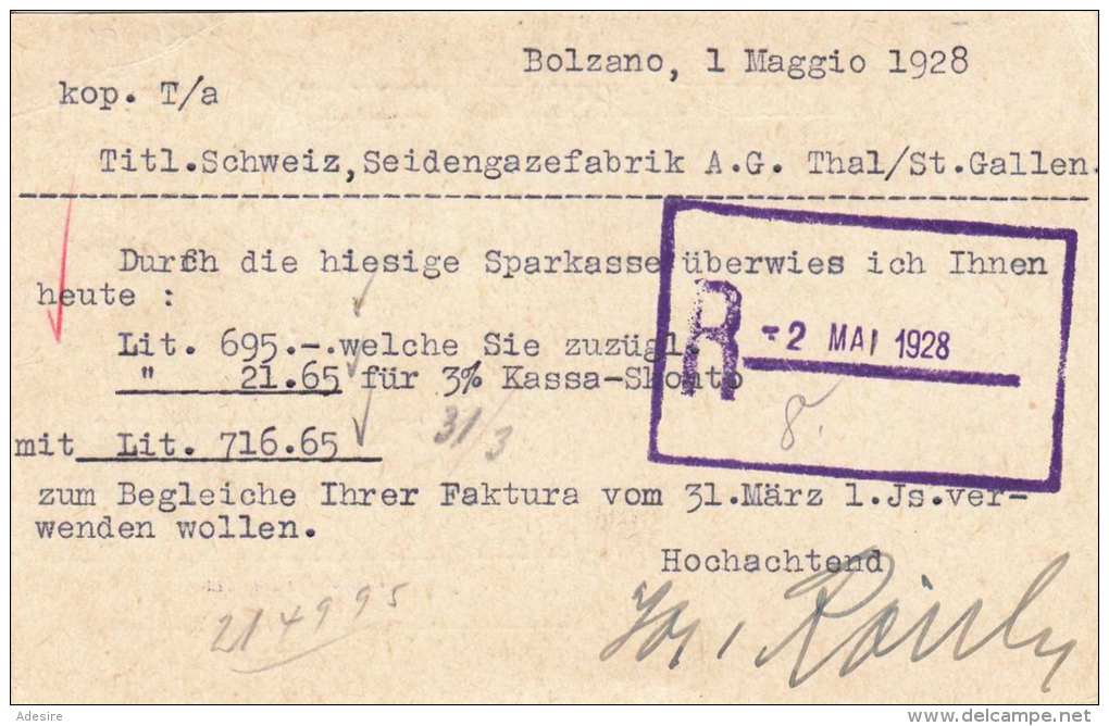 ITALIEN 1928 - 2 Fach Ganzsache Mit Zusatzfr.auf Pk Von Bolzano Nach Thal/St.Gallen - Ganzsachen