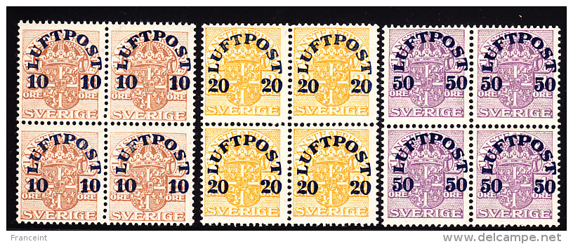 Sweden First Airmail Issue Scott C1-3 In Blocks Of 4 MNH - Ungebraucht