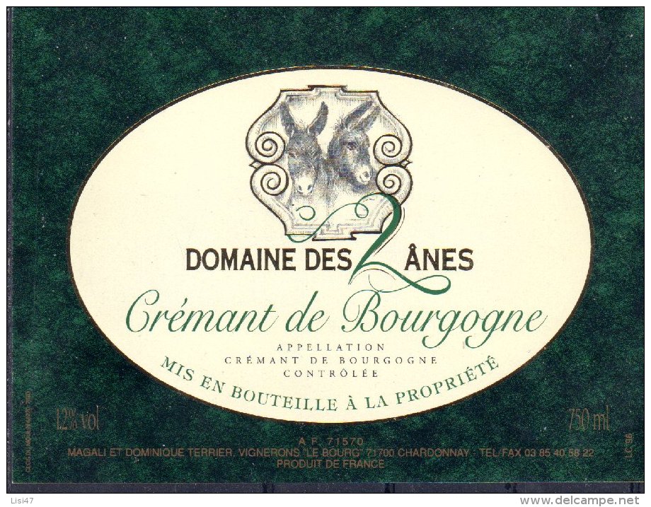 THEME ANIMAUX étiquette De Vin CREMANT DE BOURGOGNE DOMAINE DES 2 ÂNES ANE - Ezels