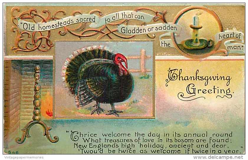 147409-Thanksgiving, Unknown No 546-1, Old Homesteads Sacred, Turkey, Fireplace, Candle, Embossed Litho - Thanksgiving