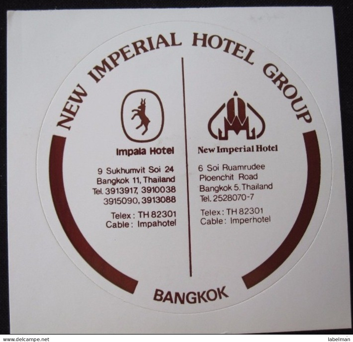 HOTEL MOTEL INN MOTOR HOUSE IMPERIAL BANGKOK THAILAND TAG STICKER LUGGAGE LABEL ETIQUETTE AUFKLEBER - Hotel Labels