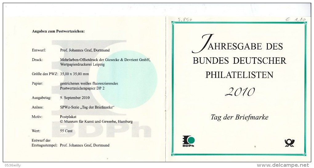 D-Bonn 2010.  Jahresgabe Des Bundes Deutscher Philatelisten 2010 (5.850) - Briefe U. Dokumente