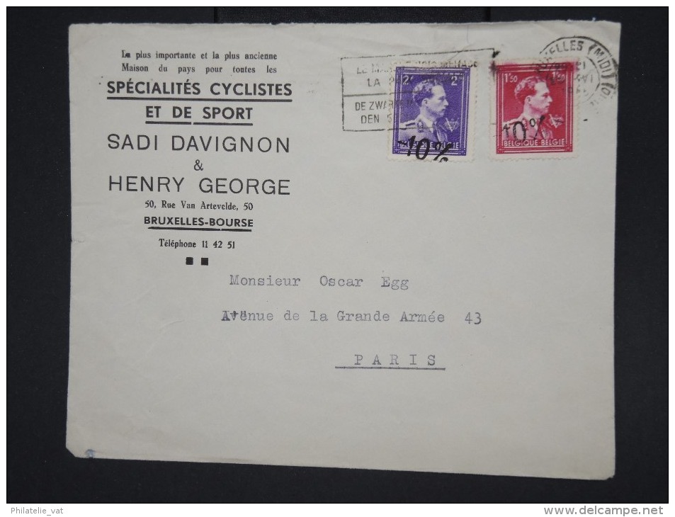 BELGIQUE - Enveloppe Publicitaire ( Vélo Et Sports) De Bruxelles Pour Paris En 1946 - Aff. Timbres 10% - Lot P7732 - 1946 -10 %