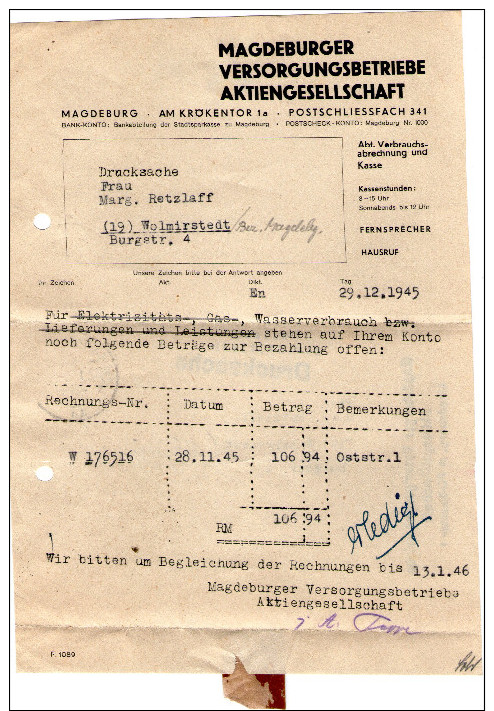 Provinc Sachen Magdeburg 1946 Bill To Pay Travel R - Other & Unclassified