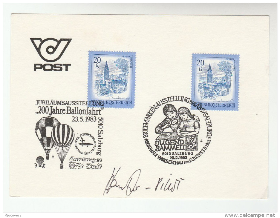 1983 SIGNED BALLOON FLIGHT COVER (card)  Austria  PHILATEIC EXHIBITION  EVENT  Stamps Ballooning - Other (Air)