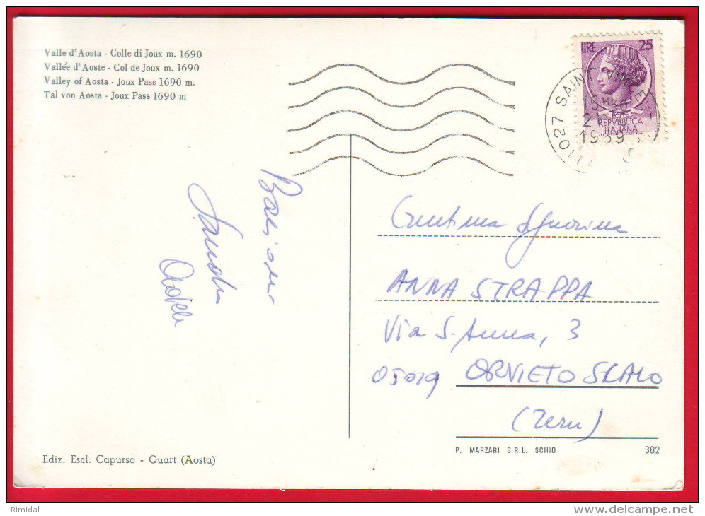 Italia Italy Postcard Valle D' Aosta Colle Di Joux 1969 Circulated - Altri & Non Classificati