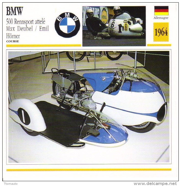 BMW 500 Rennsport Attelé  (1964)   -  Max Deubel/Emil Horner  -  Fiche Technique/Carte De Collection - Motociclismo