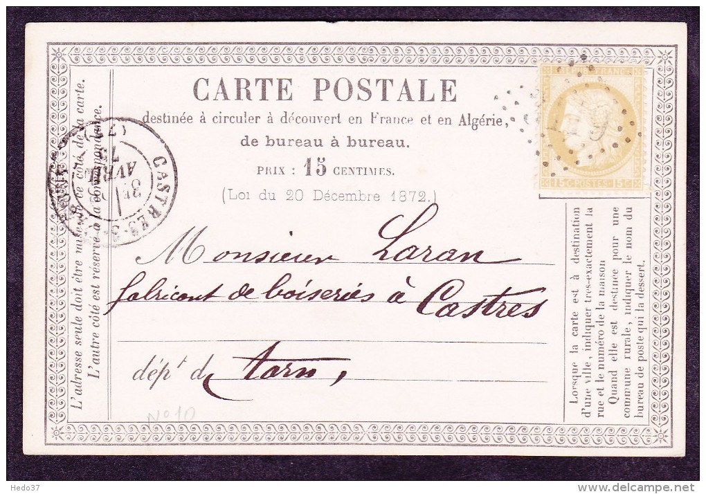 France N°55 Sur CP Précurseur N°10 - TB - 1871-1875 Cérès
