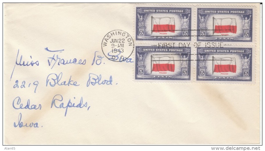 Sc#909 Block Of 4, 5-cent Over-run Countries Issue, Poland Polish Flag, WWII FDC, First Day Cover 1943 Cover - 1941-1950