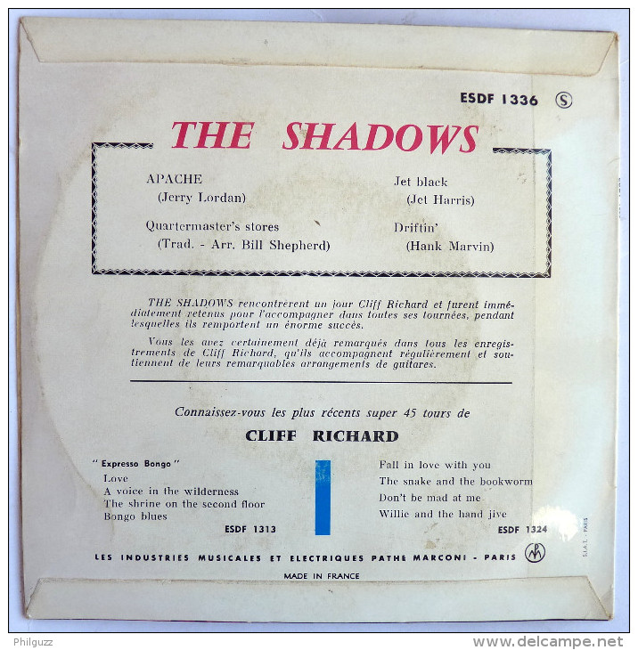 Disque Vinyle 45T THE SHADOWS - APACHE -  Columbia ESDF 1336 S - 1960 BIEM - Rock