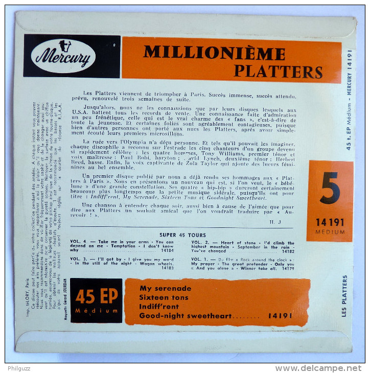 Disque Vinyle 45T LES PLATTERS Millionième - MY SERENADE -  MERCURY 14191 - 1957 BIEM - Rock
