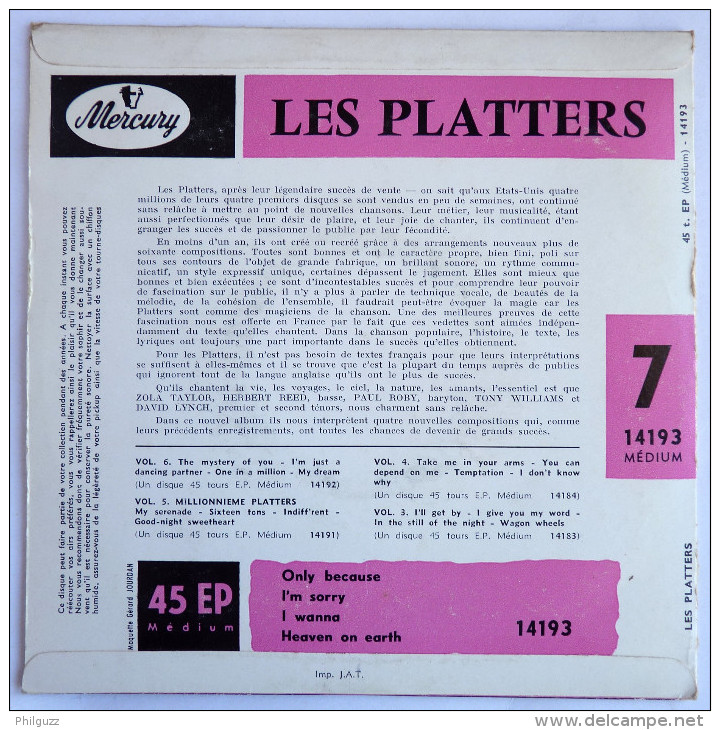 Disque Vinyle 45T LES PLATTERS - ONLY BECAUSE -  MERCURY 14193 - 1957 BIEM - Rock