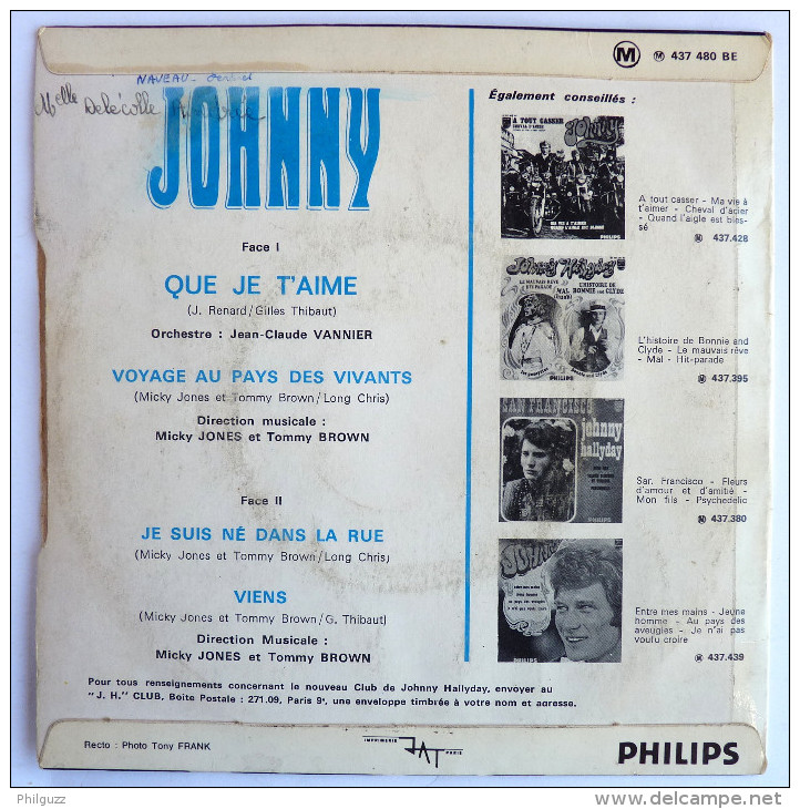 Disque Vinyle 45T JOHNNY HALLIDAY - QUE JE T'AIME -  PHILIPS 437481 BE - 1969 BIEM - Rock