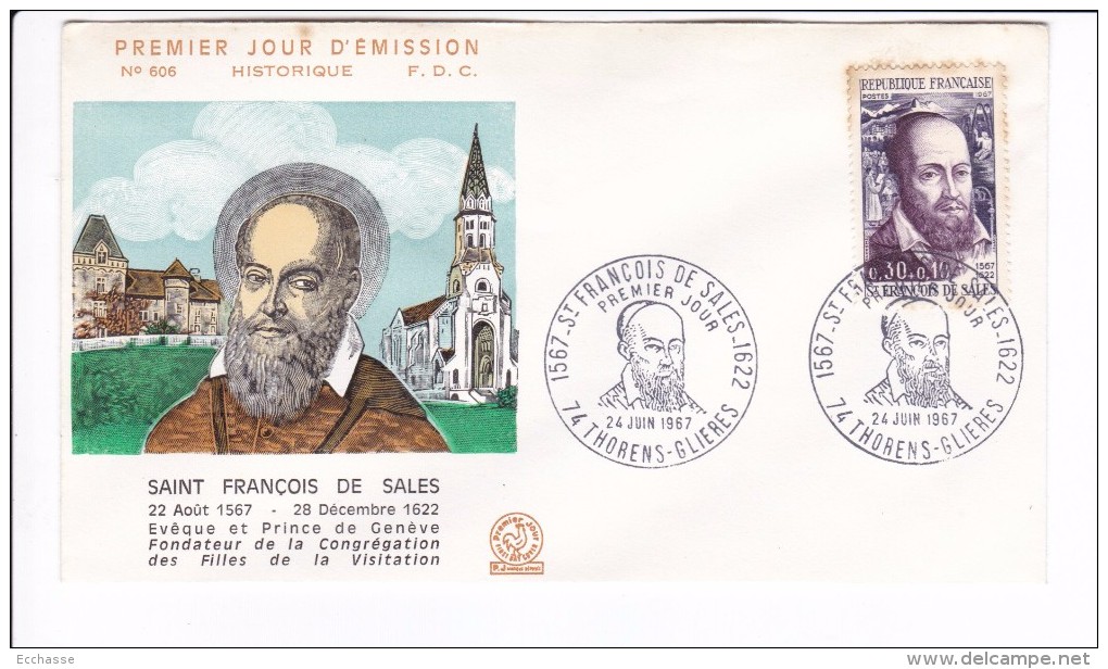 Enveloppe Premier Jour 1er FDC Saint François De Sales Thorens Glieres 1967 Tachée Dos Collé N° 606 - 1960-1969