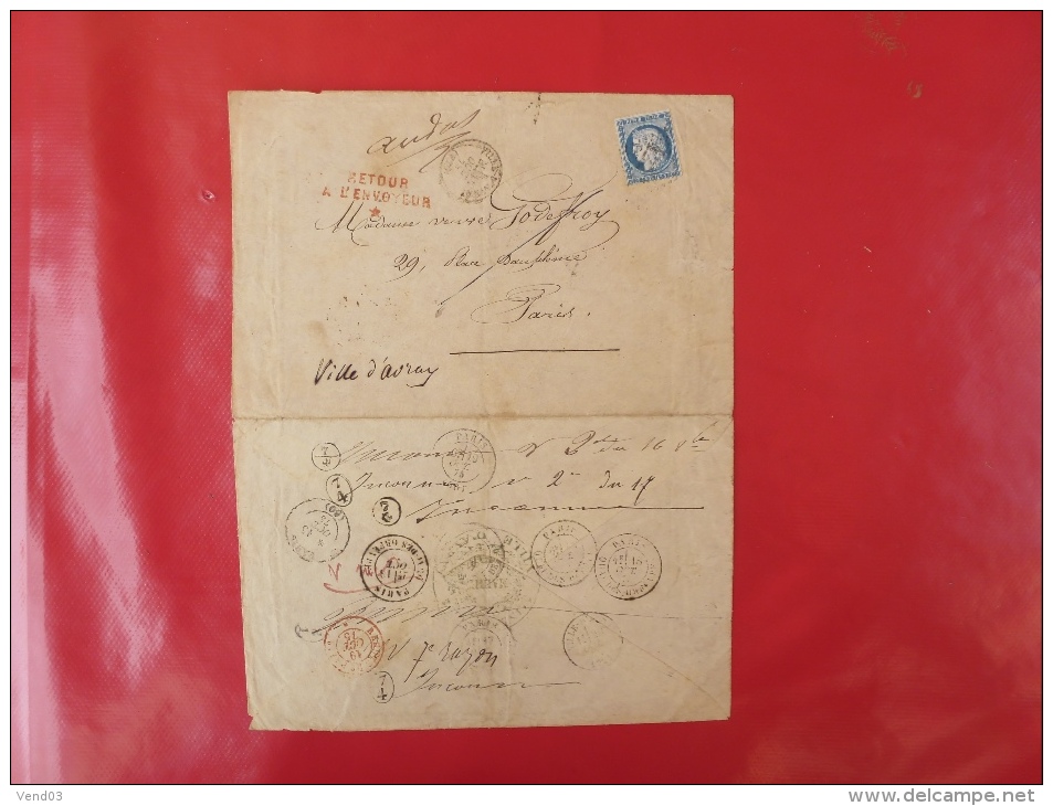 LETTRE DE VILLE D´AVRAY, AVEC GRIFFE RETOUR A L´ENVOYEUR EN ROUGE ETOILE POUR PARIS - 1849-1876: Période Classique