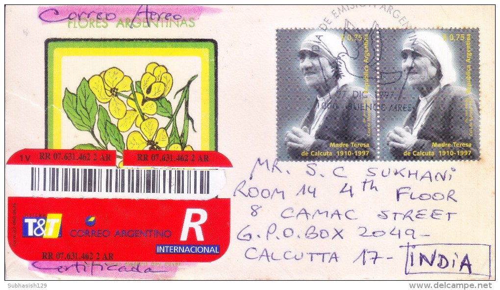 ARGENTINA 1997 FIRST DAY COVER ON MOTHER TERESA COMMERCIALLY SENT TO INDIA WITH REGISTRATION - Lettres & Documents