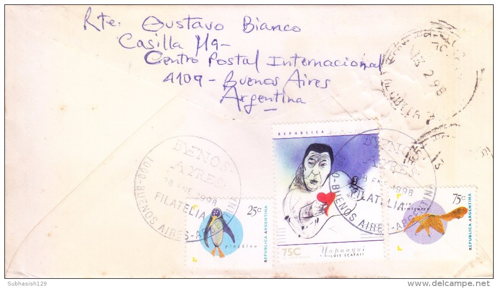 ARGENTINA 1997 FIRST DAY COVER ON MOTHER TERESA COMMERCIALLY SENT TO INDIA WITH REGISTRATION - Lettres & Documents