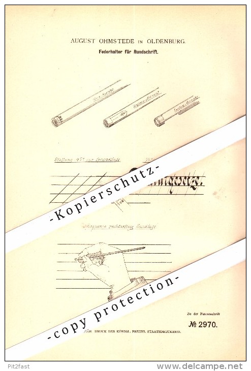 Original Patent - Federhalter Für Rundschrift , 1878 , August Ohmstede In Oldenburg , Füllfederhalter , Kalligraphie !!! - Schreibgerät