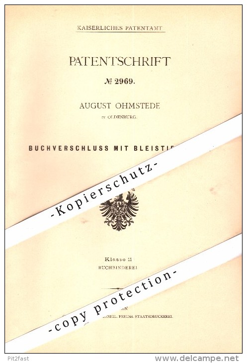 Original Patent - Bleistift - Buchverschluß , 1878 , August Ohmstede In Oldenburg , Bleistifte !!! - Pens