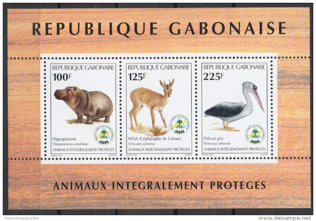 Gabon Gabun 1998 Bloc Sheetlet Animaux Intégralement Protégés Faune Fauna Hippopotame NTSA Céphalophe De Grimm Pelican - Gabun (1960-...)