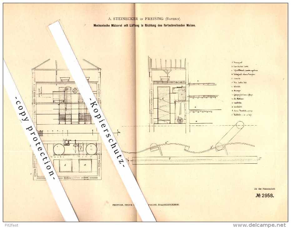 Original Patent - A. Steinecker In Freising , Bayern , 1877 , Mechanische Mälzerei , Brauerei , Brennerei , Alkohol !!! - Freising