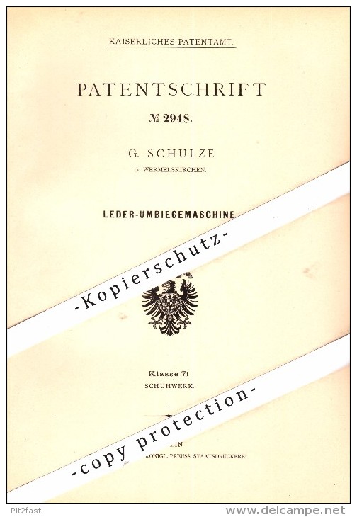 Original Patent - G. Schulze In Wermelskirchen , 1878 , Leder-Umbiegemaschine !!! - Wermelskirchen