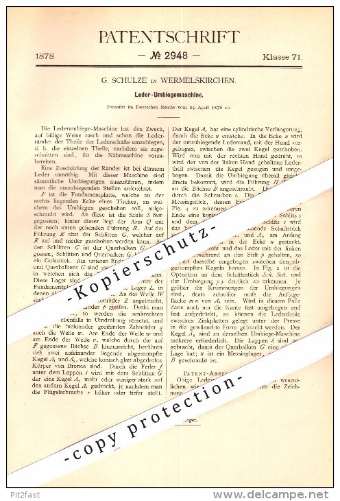 Original Patent - G. Schulze In Wermelskirchen , 1878 , Leder-Umbiegemaschine !!! - Wermelskirchen